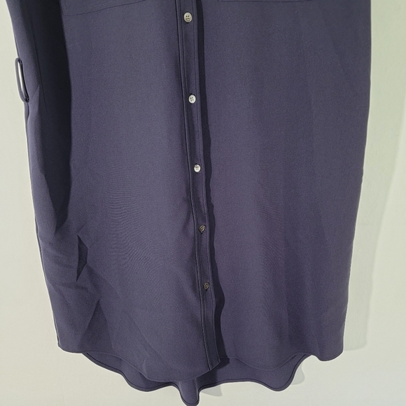 Theory Women Navy Shirt Dress Sz L Faux Silk Short Sleeve Midi Pocket High-Low - Picture 6 of 12